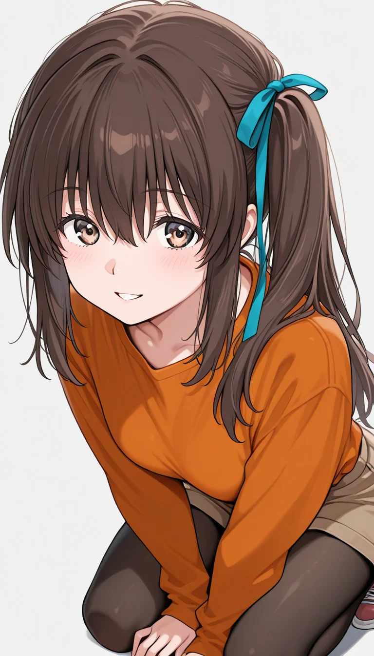 IllusP0s, masterpiece, best quality, amazing quality, very aesthetic, absurdres, newest, (detailed eyes:1.4), ((ultra detailed hair:1.4)), ((dynamic angle))
BREAK
1girl, ((solo)),katase_h1na_make_happy,Blue ribbon, <lora:Katase_Hina-Make_Hina_happy:1>
brown shorts,black pantyhose,shirt,long sleeves,orange shirt,shoes
BREAK
blank background,
kind smile,
looking at viewer,
Close-up face,
Hibiscus in full bloom,
kind smile, seductive smile, parted lips, Thighs