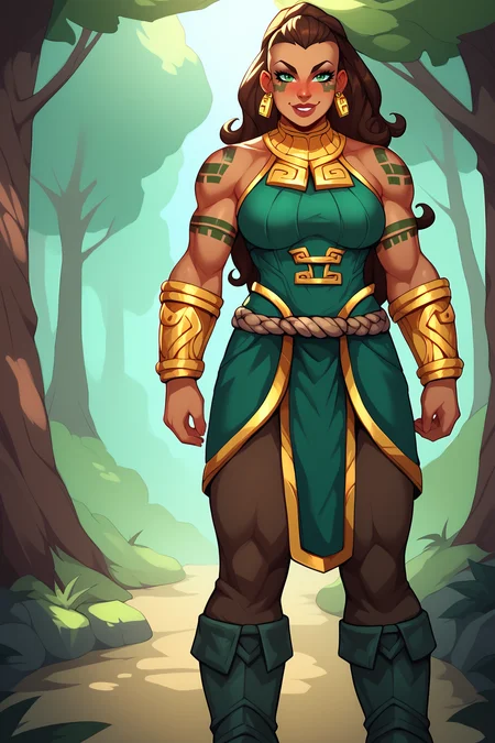 score_9, score_8_up, score_7_up, score_6_up, BREAK, IllaoiLoLXL, dark skin, colored skin, facial tattoo, tattoo, green eyes, brown hair, long hair, hair pulled back, dreadlocks, ponytail, hair ornament, earrings, muscular female, medium breasts, gold armor, bare shoulders, green dress, bracelet, red loincloth, belt rope, brown pants, black boots, solo, full body, standing, seductive smile, looking at viewer, naughty face, nose blush, (forest) <lora:IllaoiLoLXL:0.8>