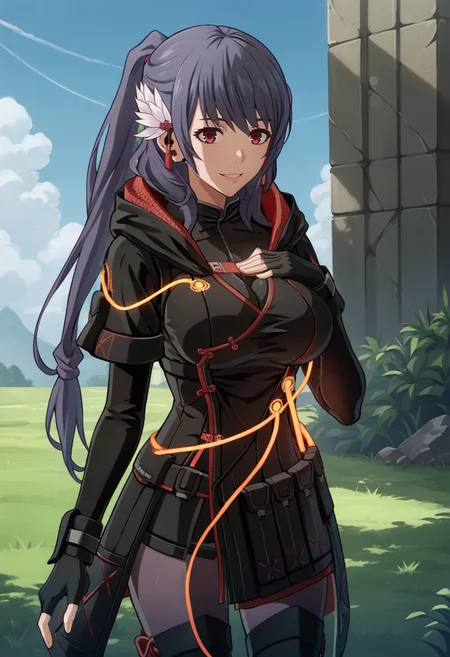 score_9, score_8_up, score_7_up, source_anime, BREAK 1girl, solo, cowboy shot, looking at you, smile, hand on own chest, <lora:KyokaSN-pdxl:1> defKyoka, long hair, ponytail, white hair ornament, earpiece, black hooded jacket, cables, short sleeves, black bodysuit, large breasts, black gloves, fingerless gloves, purple pantyhose, black thighhighs, outdoors, grass, sky, cloud