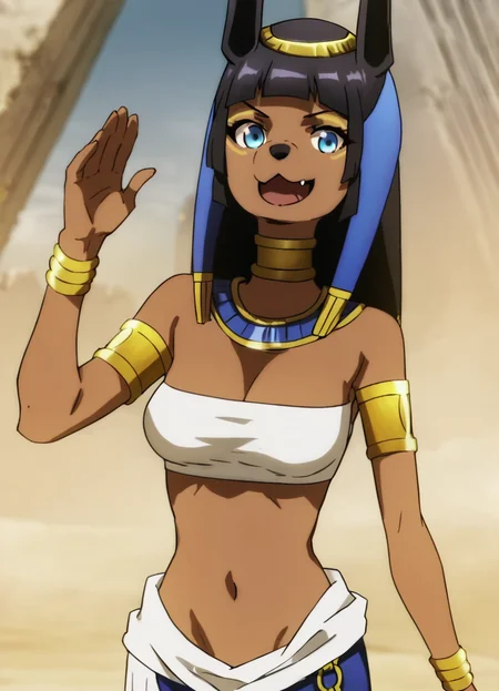 <lora:ANBS-02Pony1.0:0.9> anbs-02, headdress, 1girl, dark-skinned female, solo, egyptian,fang,skirt,black hair, egyptian clothes, jackal ears, jewelry, long hair, furry female, blue eyes, bangs, breasts, blunt bangs, bracelet, armlet, navel, score_9, score_8_up, score_7_up, score_6_up, score_5_up, score_4_up, looking at viewer,smile, open mouth, simple background,