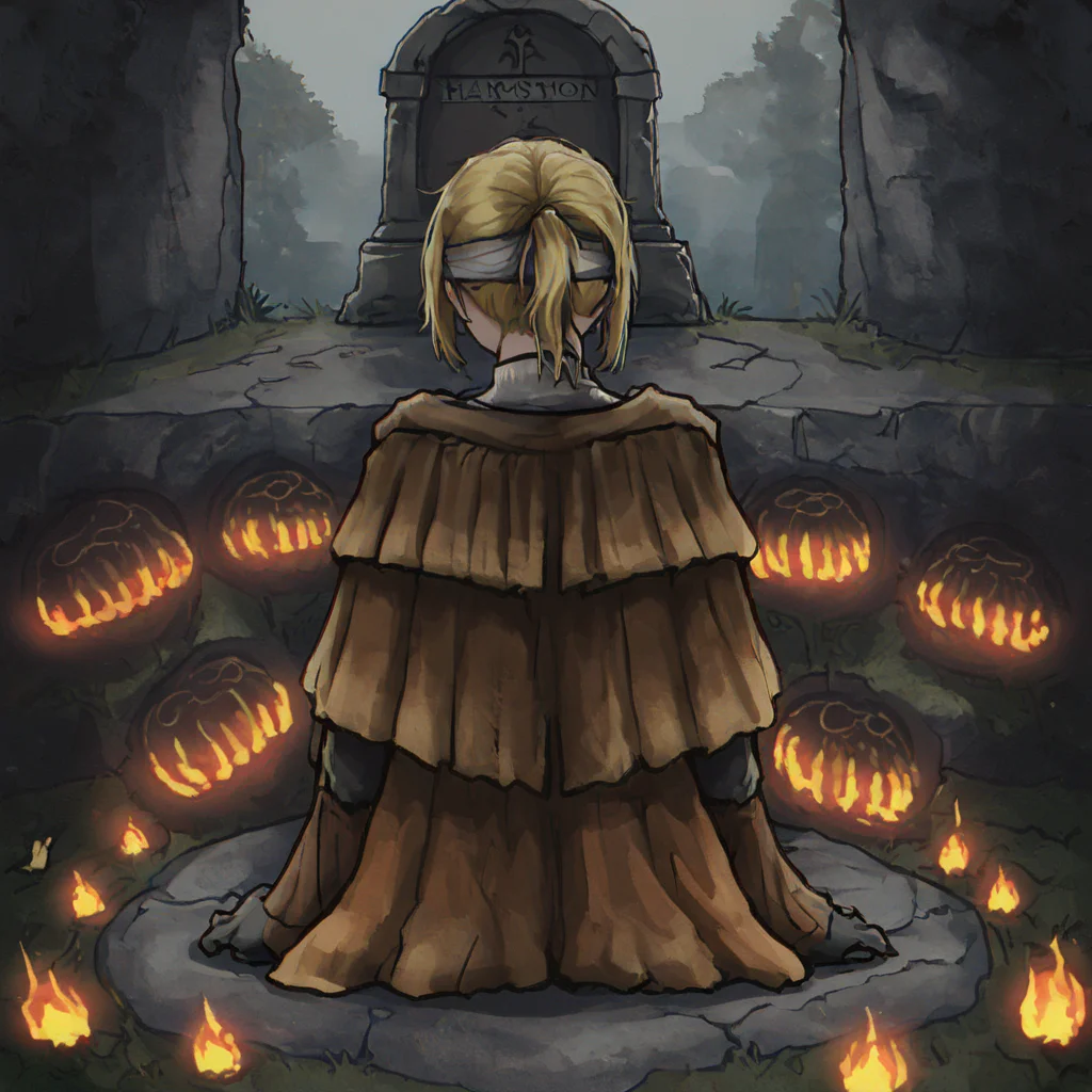 <lora:HyettaV2:0.8>,1girl,from behind,absurdres,masterpiece,elden ring,short ponytail,grey blindfold,covered eyes,hide capelet,grey cloak,black gloves,prostration,praying in front of a stone door,highly detailed stone door,runes,catacombs,tombstone,white flower,ghostly,horror \(theme\),surrounded by fire,