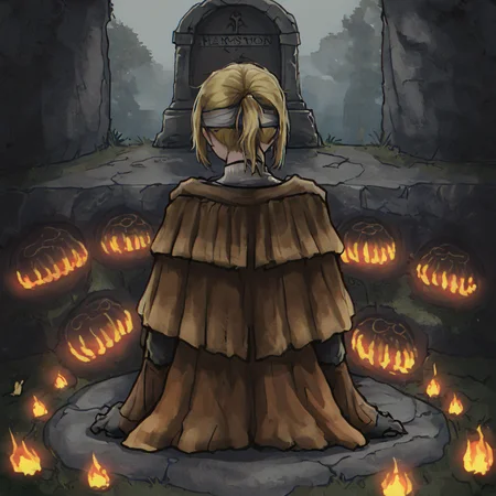 <lora:HyettaV2:0.8>,1girl,from behind,absurdres,masterpiece,elden ring,short ponytail,grey blindfold,covered eyes,hide capelet,grey cloak,black gloves,prostration,praying in front of a stone door,highly detailed stone door,runes,catacombs,tombstone,white flower,ghostly,horror \(theme\),surrounded by fire,