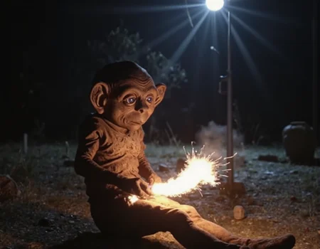 A fun day is had when Nukie the knockoff alien is sitting down and holding a lighter to his butt, lighting his farts. glow effects, godrays, Hand drawn, render, 8k, cinema 4d, dark, atmospheric 4k ultra detailed, cinematic, Sharp focus, big depth of field, Masterpiece, colors, 3d octane render, 4k, concept art, hyperrealistic, Vivid colors, extremely detailed wallpaper, Intricate, High Detail, dramatic