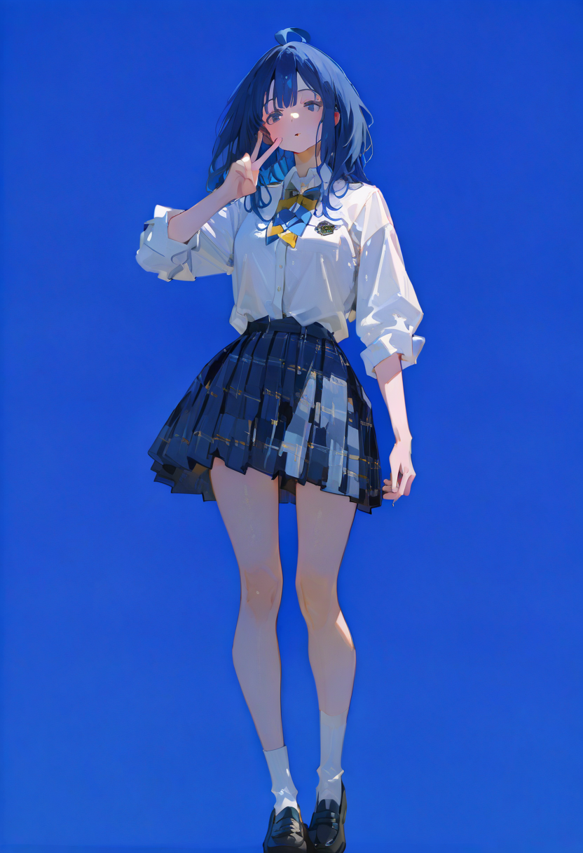 perfect quality,high quality,masterpiece,absolutely eye-catching,ambient occlusion,raytracing,
front view,full_shot,
1girl,blue eyes,blue hair,medium hair,long hair,ahoge,school uniform,school uniform,white shirt,collared shirt,blue bowtie,yellow bowtie,Yanami Anna Cyql,
full body,standing,inward v,
steelblue background,simple background,
qxys,748cmstyle,EtherStyle,<lora:spo_sdxl_10ep_4k-data_lora_webui:0.7>,<lora:96YOTTEA-WAI:0.3>,<lora:illustrious_all_rated_v1:0.7>,<lora:748cmSDXL:0.9>,<lora:EtherSDXL:0.5>,<lora:lora:0.8>,