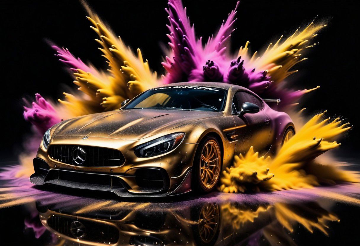 GOLD LIQUID METAL sports car, race car, racing through SILVER LIQUID METAL, liquid metal sprays up from the cars tyres, Car drifting in a black void, huge Colorful Powder Explosion above the car