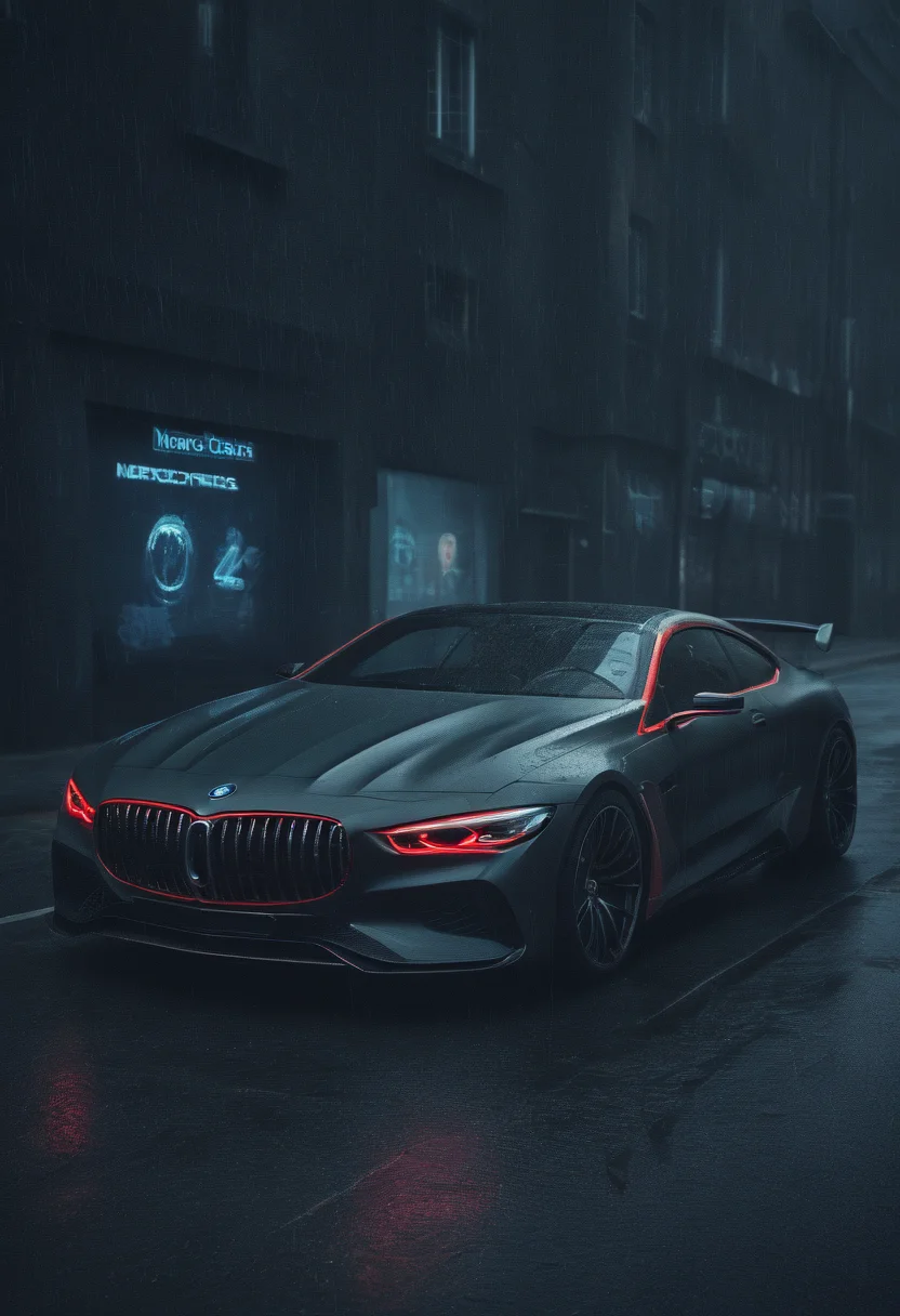 Neon noir bmw and mercedes concept cars,<lora:CHV-Zoom:1>,Cornelisz Hendriksz Vroom vehicle,car,z [1],red interior [2], . Cyberpunk, dark, rainy streets, neon signs, high contrast, low light, vibrant, highly detailed