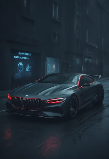 Neon noir bmw and mercedes concept cars,<lora:CHV-Zoom:1>,Cornelisz Hendriksz Vroom vehicle,car,z [1],red interior [2], . Cyberpunk, dark, rainy streets, neon signs, high contrast, low light, vibrant, highly detailed