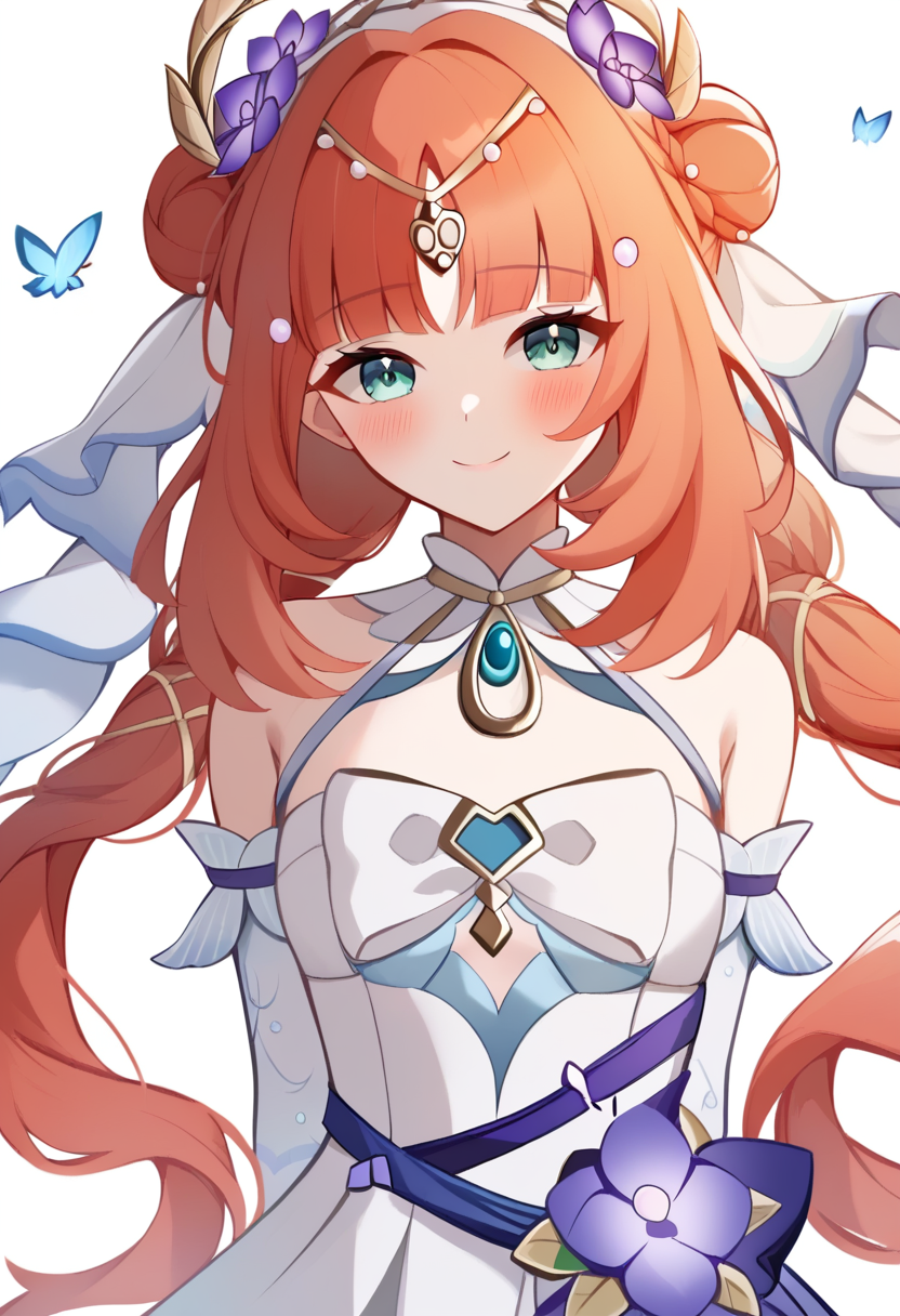 score_9,score_8_up,score_7_up,<lora:nilou_(breeze_of_sabaa)_v2:1>,nilou_(breeze_of_sabaa)_(genshin_impact), 1girl, vision_\(genshin_impact\), looking_at_viewer, blush, nilou_\(genshin_impact\), bare_shoulders, sidelocks, official_alternate_costume, breasts, frilled_dress, head_tilt, solo, white_dress, arms_behind_back, twin_braids, smile, purple_flower, simple_background, closed_mouth, detached_sleeves, hair_flower