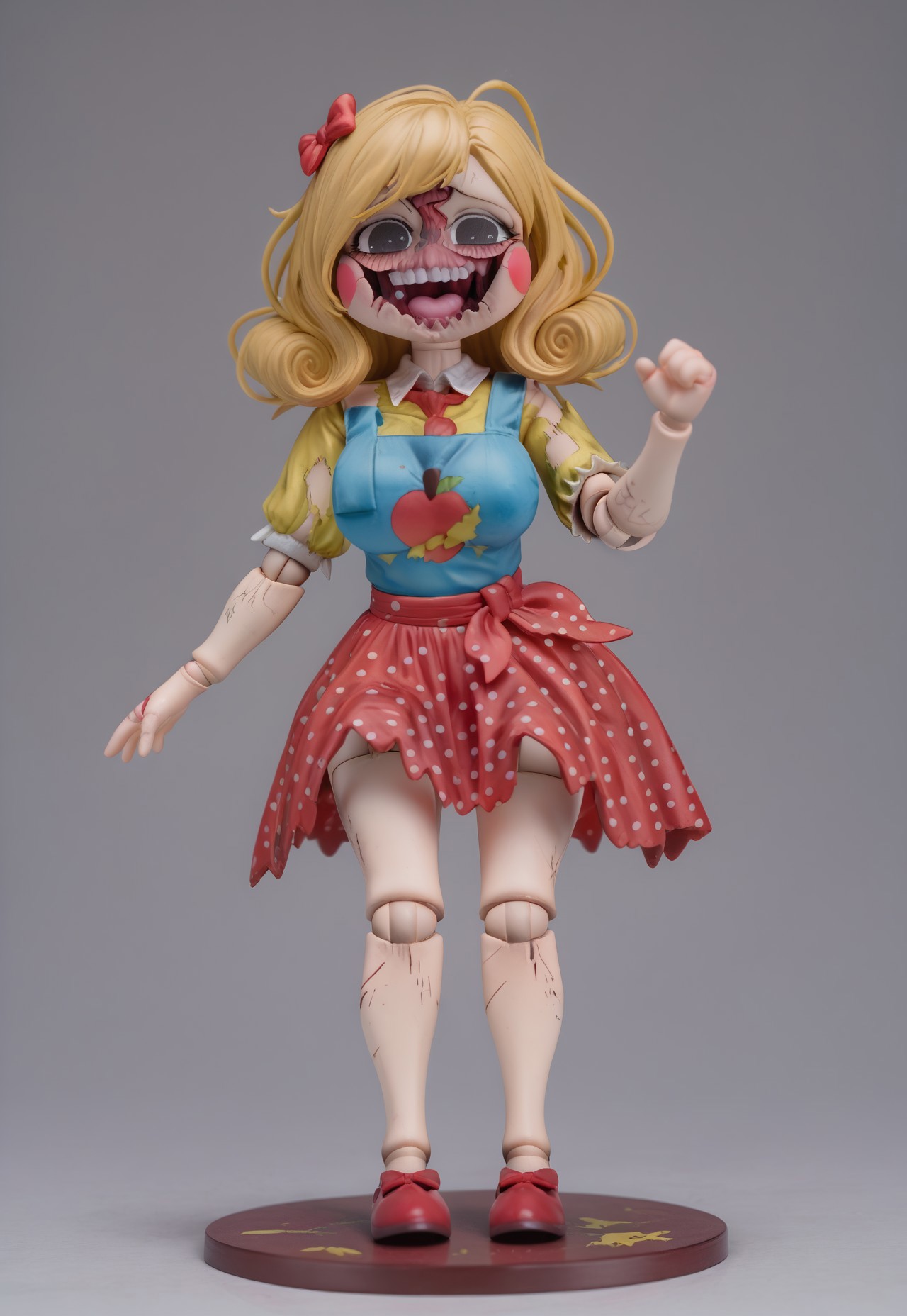 safe_pos, score_9, score_8_up, score_8, toy packaging, action figure, 1girl, full body, delight, blonde hair, red bow in hair, red blush sticker, smile, (doll joints:1.2), red polka dot skirt, yellow blouse, red tie, blue overalls, large breasts, shy, flustered, blush, smile, happy, open mouth, half-closed eyes large breasts, shy, flustered, blush, half-closed eyes, toy packaging, action figure,