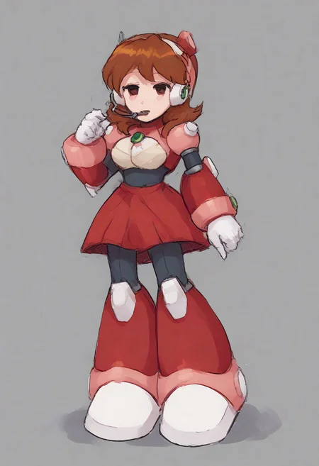 megamanreploid, android, gloves, armor, bodysuit, robot ears, headset, white gloves, Alia's bodysuit, red dress, mecha dress, armored dress, GF FNF, HD Quality, FHD quality