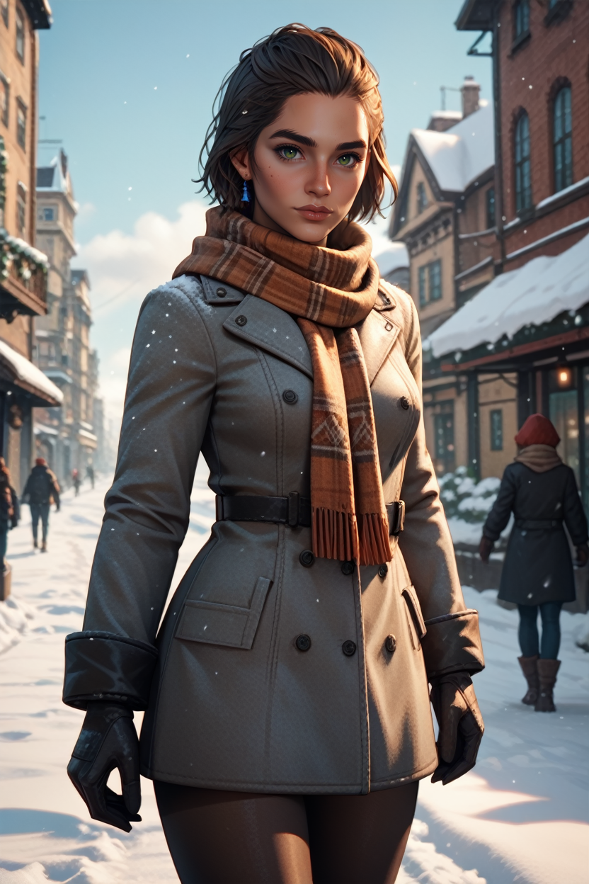 score_9, score_8_up, score_7_up,
<lora:FC6Dani:0.8>
FC6Dani, 1girl, brown hair, green eyes, short hair, looking at viewer, winter clothes, scarf, gloves, black pantyhose, snow, outdoors, city, standing, cowboy shot