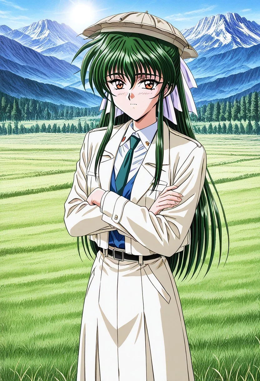 general,highres, ultra-detailed,very aesthetic,best quality ,best hands,masterpiece, best quality, newest, highres, score_9, score_8_up, score_7_up, source_anime, rating_explicit,1girl, yokota mamoru style,motion lines,,Very straight nose,slim,slender face,perfect nose,1990s (style)
Sendou Hitomi, Green Hair, Sidehair, Waist Length Hair,Amber Eyes,Necktie, Ribbon Hair Tie
Pakol Hat,Peacock feathers on pakol
anime screencap,wearing Pakol Hat,meadow,sun,from above,cowboy shot,tree
mountain valley, rugged mountains
