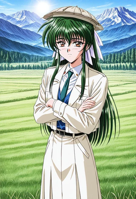 general,highres, ultra-detailed,very aesthetic,best quality ,best hands,masterpiece, best quality, newest, highres, score_9, score_8_up, score_7_up, source_anime, rating_explicit,1girl, yokota mamoru style,motion lines,,Very straight nose,slim,slender face,perfect nose,1990s (style)
Sendou Hitomi, Green Hair, Sidehair, Waist Length Hair,Amber Eyes,Necktie, Ribbon Hair Tie
Pakol Hat,Peacock feathers on pakol
anime screencap,wearing Pakol Hat,meadow,sun,from above,cowboy shot,tree
mountain valley, rugged mountains
