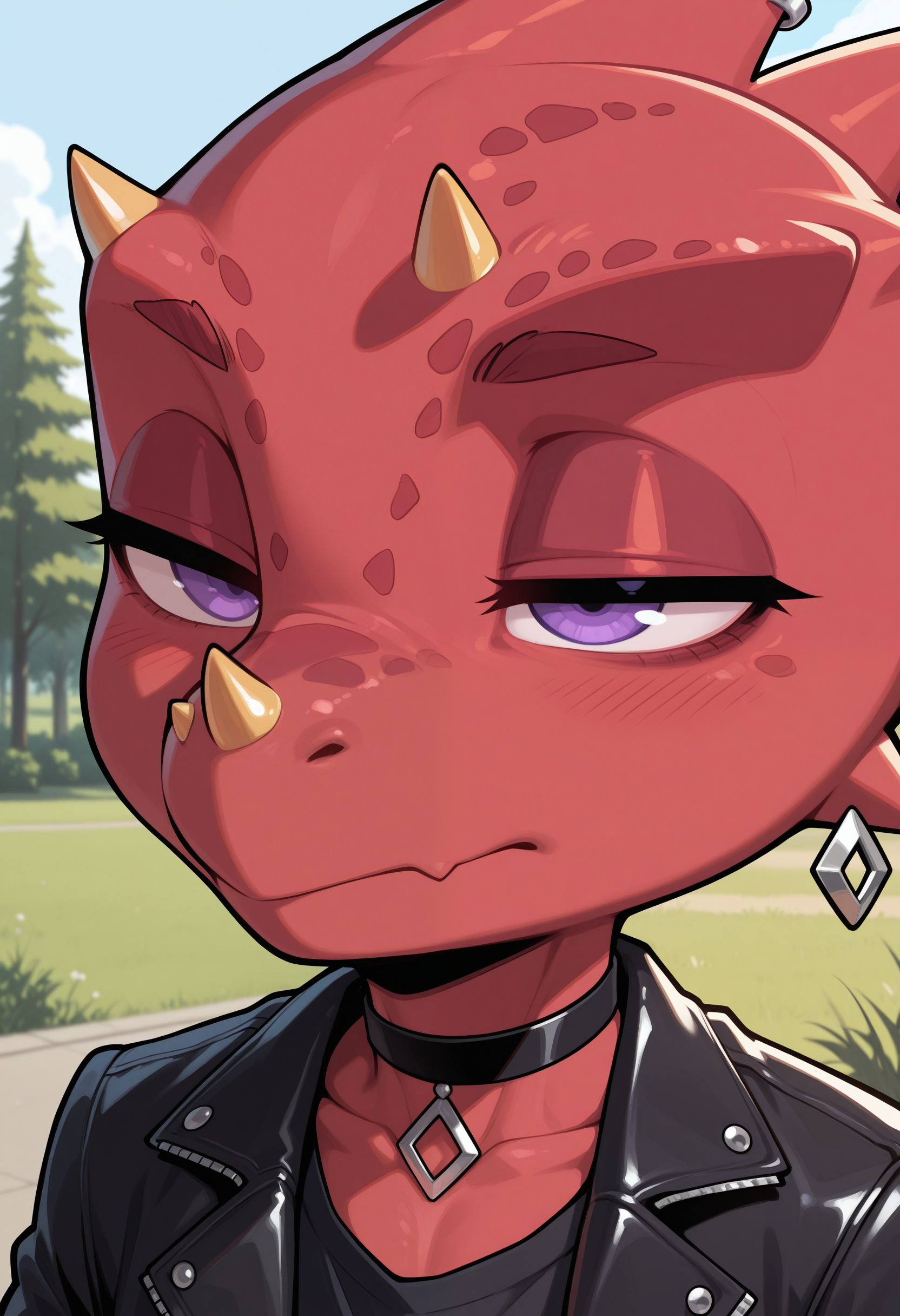 masterpiece,best quality,amazing quality, 1boy, solo, fl1ck, reptile boy, red skin, chibi, black choker, silver earrings, black shirt, black jacket, purple eyes, half closed eyes, outdoors, face focus,