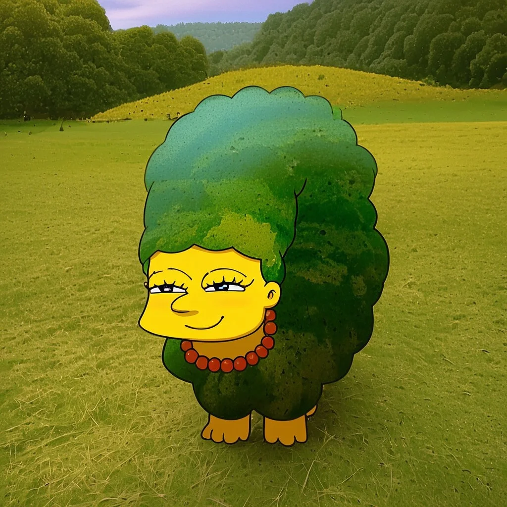 score_9, score_8_up, source_anime, masterpiece, beautiful lighting, MargeS, marge simpson, simpsons style art, Watamelon, smile, smug, half-closed eyes, no humans, creature, chibi, watermelon, all fours, perfect face, blue upright hair, pearl necklace, round eyes, black round pupils, MargeS, beautiful picturesque sunset over a watermelon farm background, detailed background, best lighting background <lora:ChamWatamelonPonyXL:1>