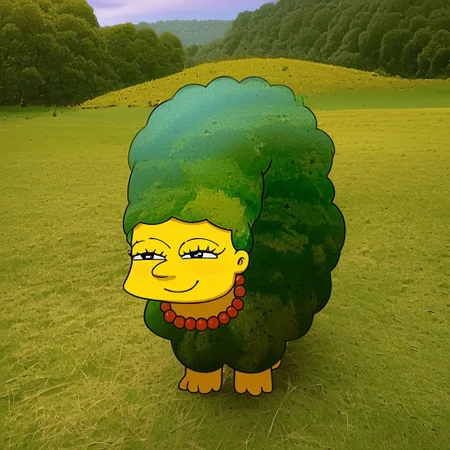 score_9, score_8_up, source_anime, masterpiece, beautiful lighting, MargeS, marge simpson, simpsons style art, Watamelon, smile, smug, half-closed eyes, no humans, creature, chibi, watermelon, all fours, perfect face, blue upright hair, pearl necklace, round eyes, black round pupils, MargeS, beautiful picturesque sunset over a watermelon farm background, detailed background, best lighting background <lora:ChamWatamelonPonyXL:1>