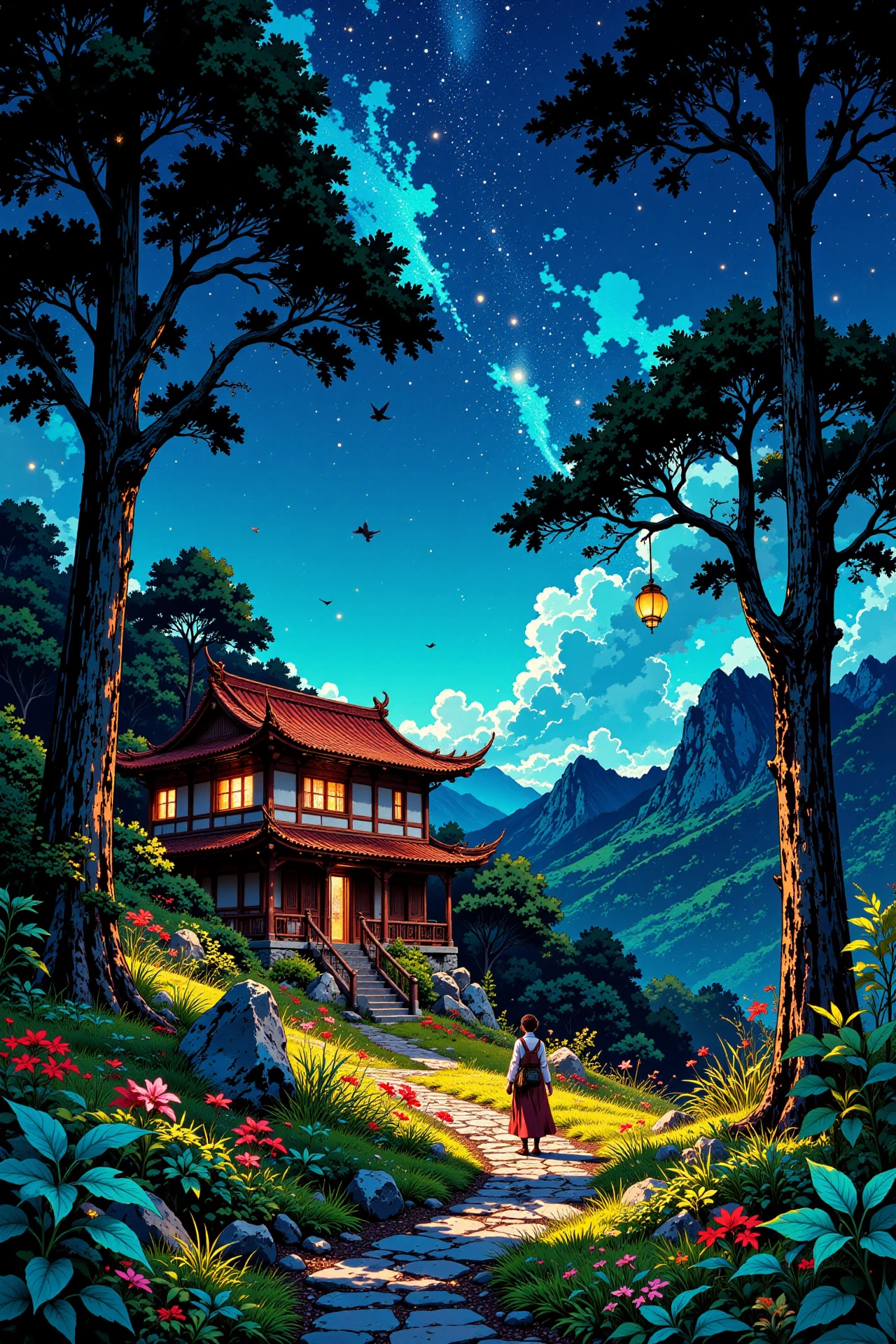a house in the woods beautiful landscape, bright luminous starry night, woman, very intricate, very detailed, sharp, bright, colorful, <lora:Hand v2:0.5> <lora:Anti-Blur:1><lora:Insane Detail Slider:0.25>  <lora:flux.1_lora_flyway_Epic-detail_v2:0.3> <lora:fluxenhancer:0.25> <lora:ROWER:0.6> <lora:flux-charmer-v1-1:0.4><lora:Vibrantly_Sharp_style_v.5:0.4> <lora:realanime:0.7> <lora:Chinese_Ink:0.3> chinese ink style