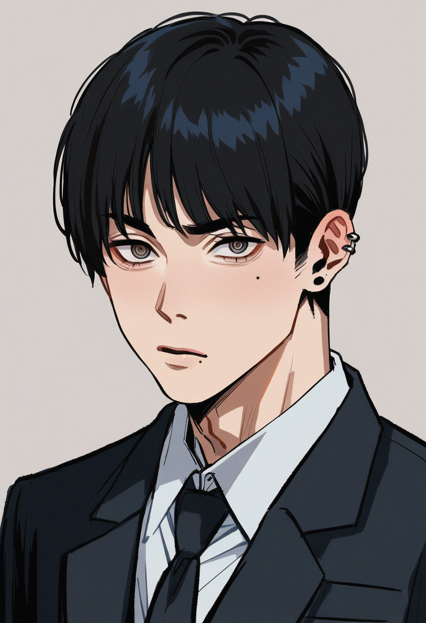 handsome young man standing wearing suit, looking at viewer, ear piercings, dan feng eyes, bangs, black hair, mole on face <lora:FujimotoLycoXLV2:1> BREAK score_9, score_8_up, score_7_up