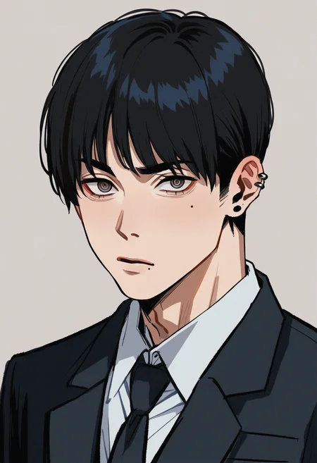 handsome young man standing wearing suit, looking at viewer, ear piercings, dan feng eyes, bangs, black hair, mole on face <lora:FujimotoLycoXLV2:1> BREAK score_9, score_8_up, score_7_up