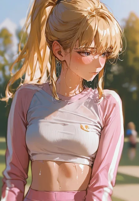 Score_9, score_8_up, score_7_up, score_6_up, score_5_up, score_4_up,
((Best Quality)) (masterpiece) (details), sweat, sweating, shiny skin, dripping, 1girl,
High ponytail, blonde hair, crop top with long sleeves, leggings, outdoors, mature female, beautiful detailed face and eyes, cute face, bangs long bangs, sport wear, Art8st, color theory, medium length face framing layers with bangs, tight clothes, depth of field, underwear, solo, semi-realistic, blushing,