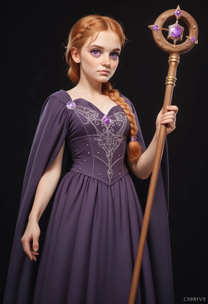score_9, score_8_up, score_7_up, feminine white wizard, solo, cowboy shot, large ornate staff,<lora:Dark_Violet_Pony_v0.1:0.5> d4rkv10l3t, copper hair, single braid, purple eyes,