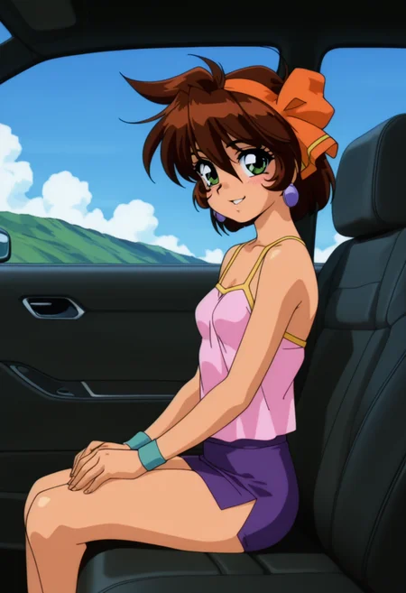 masterpiece, best quality, amazing quality, absurdres, anime coloring, retro artstyle, 1990s (style), 1girl, solo, merrillww, green eyes, brown hair, short hair, orange hair ribbon, orange hairband, earrings, small breasts, pink camisole, bare shoulders, purple microskirt, aqua wristband, <lora:Merrill_Mahou_Senshi_Louie_ill:0.9>, from side, sitting on car seat, blush, smile, parted lips, looking at viewer, car interior, car seat, ground vehicle, motor vehicle, car, cloud, blue sky, skindentation, detailed clothing folds, depth of field, sharp, high contrast, dynamic light