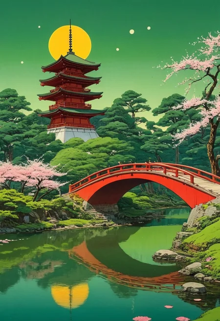 An intricately detailed scene of a traditional Japanese pagoda illuminated by warm red and golden light, surrounded by cherry blossoms and lush green trees. The night sky is dominated by a glowing full moon, casting a soft mystical light. A red arched bridge crosses a still pond, reflecting the structure and the moonlight. The atmosphere is serene, blending realism with a fantasy-like dreamscape,. (anime, cyberpunk, Moebius (Jean Giraud) Style page)