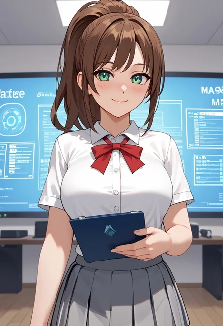 score_4,score_5,score_6,score_7_up,score_8_up,score_9 ((masterpiece,best quality,ultra detailed,highres,HD,4k:1.2)), 
1 cute girl,solo,girl focus,solo focus,face focus,
indoors,
brown hair, long hair, ponytail, sidelocks, green eyes,large breasts,
school uniform,Red ribbon, grey skirt, short sleeves, white shirt,
holographic interface,holding clipboard, indoors, smile,light smile,looking at viewer,
smile,happy,closed mouth,blush,