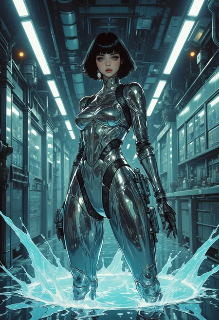 (c0mix2, anime, cyberpunk, Stylized digital illustration with a yshinkawa cyberpunk aesthetic, showcasing a full-body female character with a bob cut and black hair, wearing a reflective chrome bodysuit. Digital illustration in a manga-inspired, dark, and gritty yshinkawa style. The artwork features a solo girl with perky breasts, wide waist, and thick thighs, clad in a high-shine, light-catching suit with a mirror-like finish and liquid chrome texture. She stands waist-deep in a molten silver pool, surrounded by splashing liquid metal, rippling reflections, and shimmering surface tension. The scene glows with radiant lighting, sharp highlights, and dramatic contrast, emphasizing the sleek sculpted contours of her futuristic fashion. The composition captures cyberpunk elegance and surreal fluid dynamics, rendered with precision lighting, hyperrealism, intricate material detail, and soft background bokeh.)