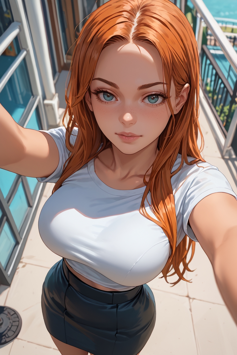 score_9, score_8_up, score_7_up, woman, from above, selfie, skirt, top, narrow waist, large breasts, ginger hair, long hair, amusement park, thrilling rides, colorful attractions, joyful <lora:fromabovev11_PONY:1>