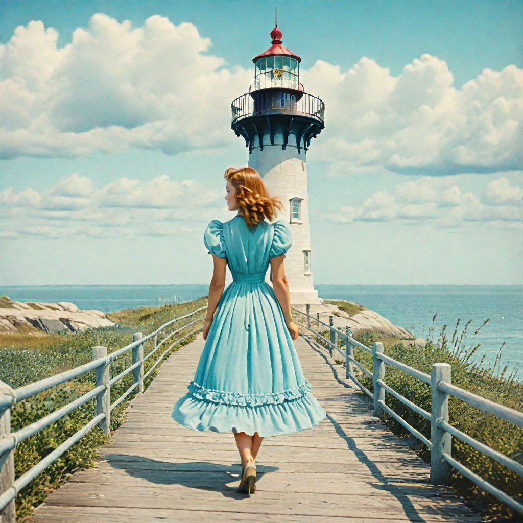 <lora:30s_Technicolor_MovieSDXL:1> ArsMovieStill, movie still from a 1930s technicolor movie, The image shows a woman in a blue dress walking on a boardwalk near a lighthouse with a railing on the left side rocks and plants on the right side and water in the background. The sky is filled with clouds., 1girl, dress, ocean, outdoors, solo, white dress, sky, long hair, from behind, horizon