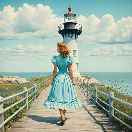 <lora:30s_Technicolor_MovieSDXL:1> ArsMovieStill, movie still from a 1930s technicolor movie, The image shows a woman in a blue dress walking on a boardwalk near a lighthouse with a railing on the left side rocks and plants on the right side and water in the background. The sky is filled with clouds., 1girl, dress, ocean, outdoors, solo, white dress, sky, long hair, from behind, horizon