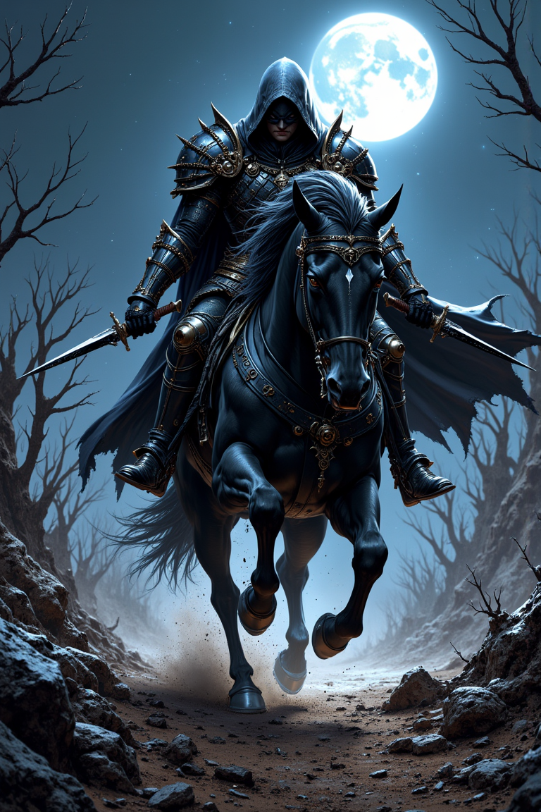 Under the eerie glow of a full moon, a shadowy assassin rides a powerful black warhorse across a desolate wilderness. The assassin is dressed in dark, stealthy armor that glistens subtly in the moonlight, designed for both agility and protection. He grips a pair of gleaming daggers in his hands, each blade reflecting the silvery light of the moon. The assassin's face is partially obscured by a hood, but his intense, piercing eyes are visible, conveying a sense of fierce determination and focus.
The warhorse, heavily armored with black steel plates, moves with swift grace and strength, its muscles rippling under the moonlight. Its eyes are sharp and vigilant, and its breath is visible in the cold night air. The barren landscape around them is dotted with jagged rocks and sparse, twisted trees, casting long, dramatic shadows across the ground. Dust and debris swirl around their hooves, creating an impression of speed and urgency.
The scene is captured in high contrast and vibrant colors, with intricate details highlighting the textures of the assassinâs armor, the horse's sleek coat, and the rugged terrain. The atmosphere is tense and dynamic, evoking a sense of impending action in a hyper-realistic, surreal style.
<lora:FluxMythP0rtr4itStyle:0.75> mythp0rt,
<lora:edgy_fashionista_flux_ntc_v2:0.6>,
<lora:bokeh_flux_ntc:0.6>,
<lora:detailed_flux_ntc:0.75> ,