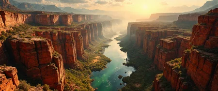 A breathtaking aerial perspective of a sprawling canyon, intricate labyrinth of scarlet rock walls interspersed with hidden emerald oasis pockets. Majestic stratified formations, hyper-detailed textures, and cinematic spatial dynamics rendered in 8k masterpiece quality. Ethereal mists mingle with radiant sunrise hues, dramatic lighting casting elongated shadows across textured stone and lush verdant patches. Expansive composition, vibrant color palette of deep reds, rich greens, and golden highlights, subtle atmospheric nuances, and intricate geometric patterns evoke timeless natural grandeur, surreal tranquility, and epic scale. <lora:artisketchyfs-v02:0.3> <lora:Mezzotint_Artstyle_for_Flux_-_by_Ethanar:0.6> <lora:flux_dev:1>