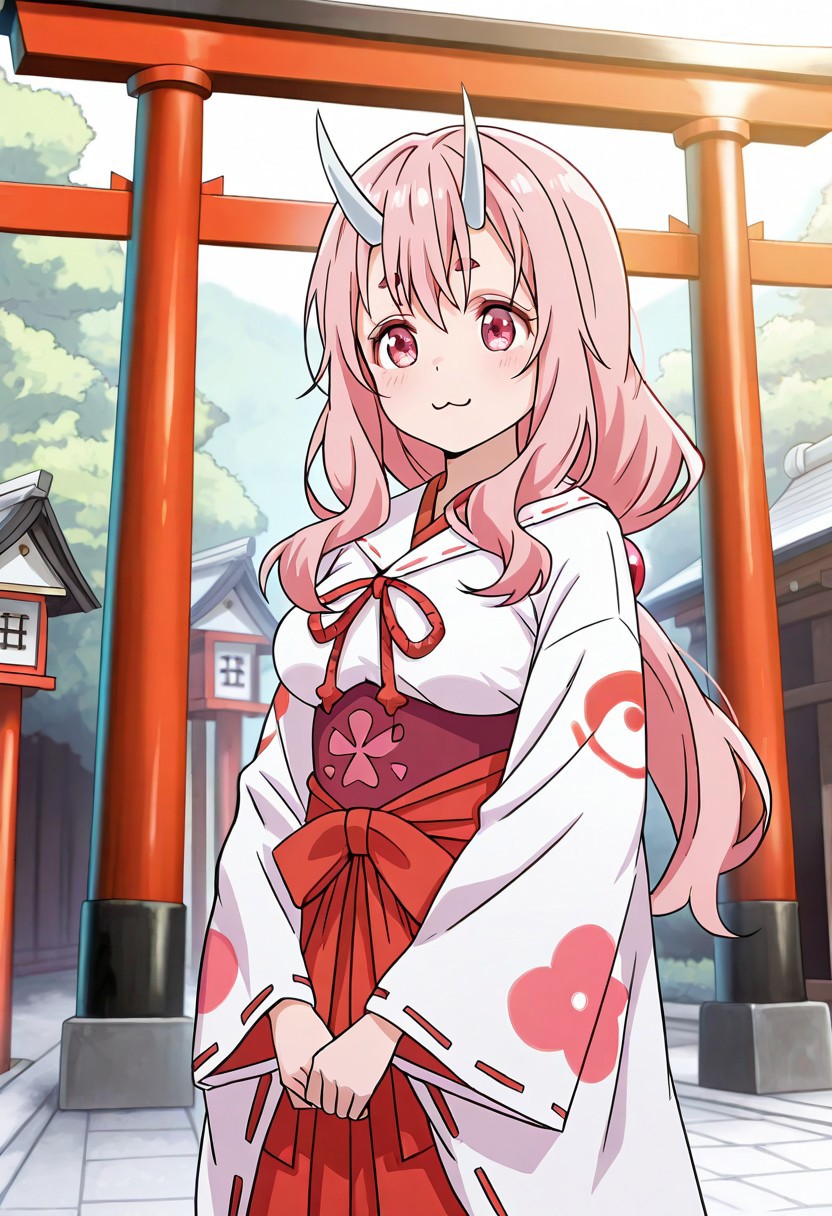 solo, woman, shuna, oni, long hair, pink hair, pink eyes, white horns, miko, white kimono, red ribbon, ribbon-trimmed sleeves, underbust, red hakama, :3, torii gate, outdoor, high quality, best quality, masterpiece, 4k resolution, anime