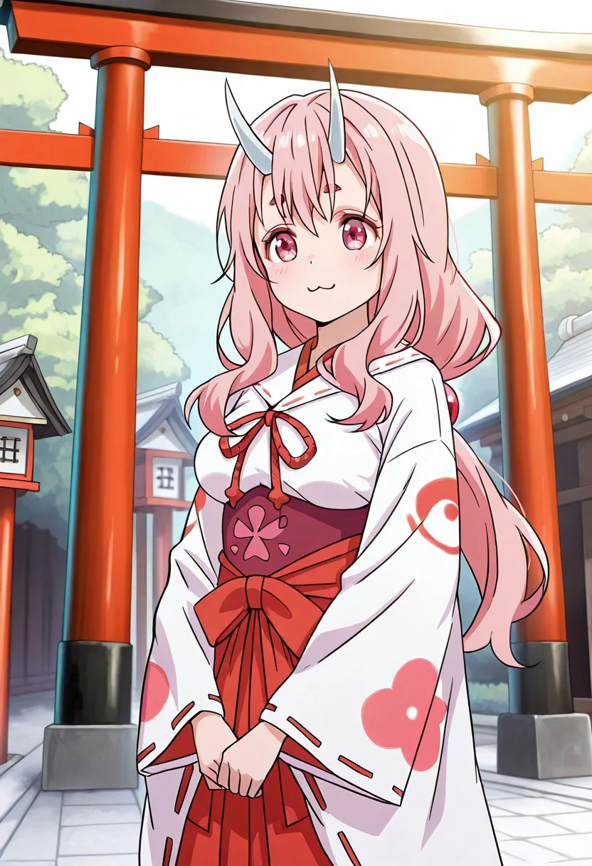 solo, woman, shuna, oni, long hair, pink hair, pink eyes, white horns, miko, white kimono, red ribbon, ribbon-trimmed sleeves, underbust, red hakama, :3, torii gate, outdoor, high quality, best quality, masterpiece, 4k resolution, anime