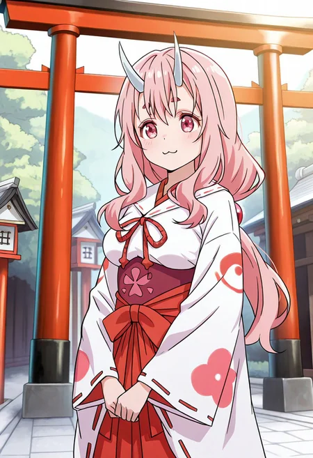 solo, woman, shuna, oni, long hair, pink hair, pink eyes, white horns, miko, white kimono, red ribbon, ribbon-trimmed sleeves, underbust, red hakama, :3, torii gate, outdoor, high quality, best quality, masterpiece, 4k resolution, anime