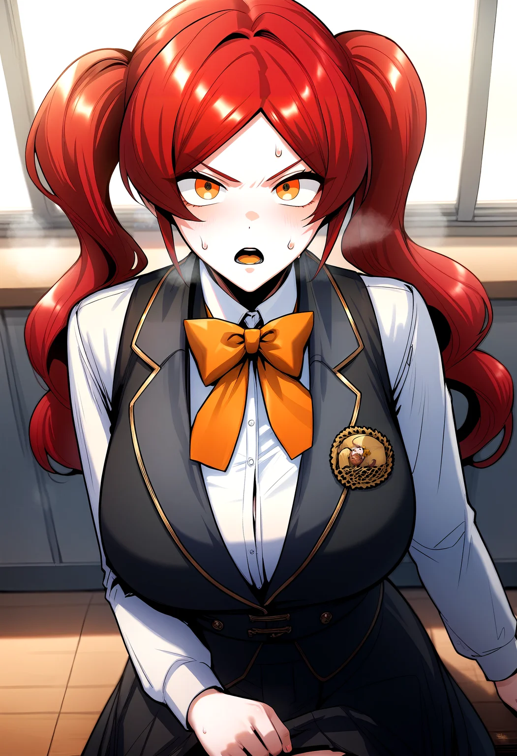 score_9, score_8_up, score_7_up, score_6_up, source_anime, rating_explicit, <lora:neg4all_bdsqlsz_V3.5:2.0>1girl, (solo:1.2), huge breasts, <lora:Tacieponyxl:1> twintails, red hair, long hair, orange eyes, parted bangs, yellow eyes, orange bow, bowtie, black vest, white shirt, collared shirt, long sleeves, black skirt, serious, open mouth, Narrow shoulders, sweat, heavy breathing, steaming body, classroom, indoor, looking at viewer, from above