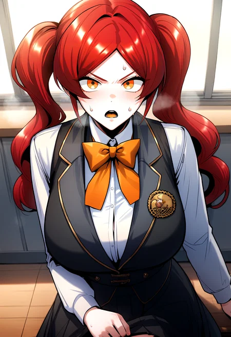 score_9, score_8_up, score_7_up, score_6_up, source_anime, rating_explicit, <lora:neg4all_bdsqlsz_V3.5:2.0>1girl, (solo:1.2), huge breasts, <lora:Tacieponyxl:1> twintails, red hair, long hair, orange eyes, parted bangs, yellow eyes, orange bow, bowtie, black vest, white shirt, collared shirt, long sleeves, black skirt, serious, open mouth, Narrow shoulders, sweat, heavy breathing, steaming body, classroom, indoor, looking at viewer, from above