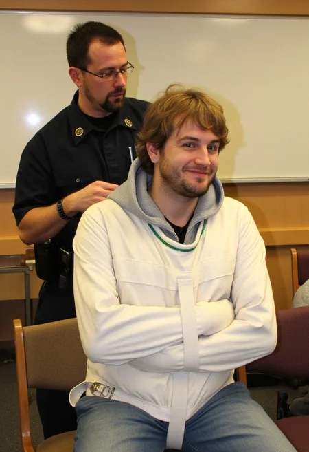 A photograph, likely in a classroom or meeting room. In the foreground, a man with short black hair and a beard, wearing a security guard uniform and glasses, is standing and doing something behind second person. The second person, a middle aged man with light brown wavy hair, beard and earring is wearing a white sjposey, with a grey hood behind his neck. He has a slight smile, suggesting a playful or joking mood. The room features a mix of wooden and upholstered chairs, adding to the casual atmosphere. <lora:straitjacketflux-posey:1.1> <lora:amateurphoto-v6-forcu:0.8>