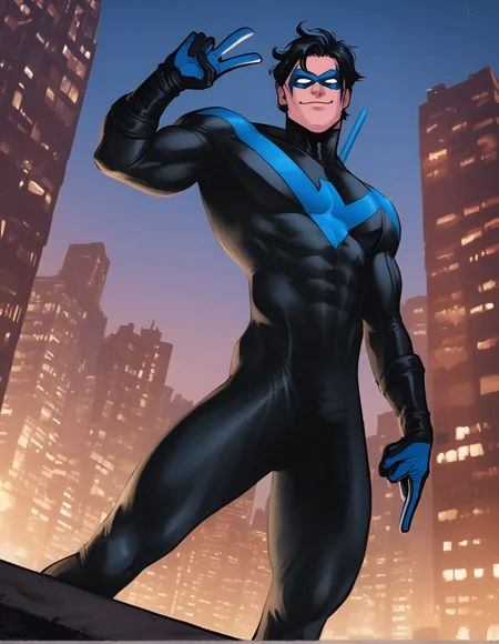 <lora:NightWing:1> score_9, score_8_up, score_7_up, nightwing, solo, smile, short hair, black hair, gloves, 1boy, holding, closed mouth, male focus, outdoors, sky, bodysuit, mask, muscular, night, pectorals, muscular male, building, city, black bodysuit, superhero, blue bodysuit, domino mask, skinny, v, portrait,