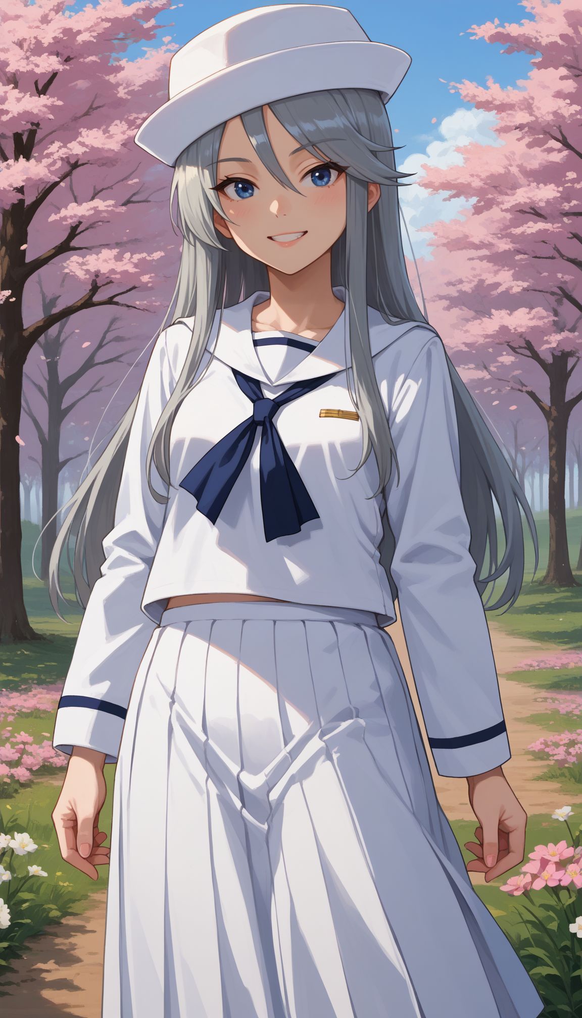 score_9, score_8_up, score_7_up, source_anime,
,outdoors,cherry blossoms,standing,cowboy shot,smile, flower field,
 <lora:GUPFlint:1> gupflint, 1girl, long hair, grey hair, blue eyes, dixie cup hat, military hat, white headwear, long sleeves, white shirt, school uniform, sailor collar, pleated skirt, white skirt, long skirt, blouse