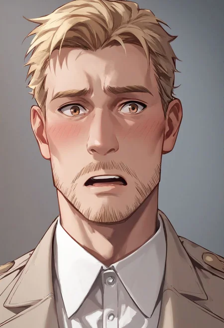score_9, score_8_up, score_7_up, solo male, Reiner Braun, blond hair, short hair, flat hair (facial hair, stubble:1.1), hazel eyes, thin eyebrows, tall, white collared shirt, light-brown trench coat, (open coat:1.1), military green pants, black combat boots, handsome, charming, alluring, (portrait, close-up:1.2), shy, blush, surprised, embarrassed, upper body, perfect anatomy, perfect proportions, best quality, masterpiece, high_resolution, cowboy shot, photo background, (perfect face, perfect eyes:1.3)