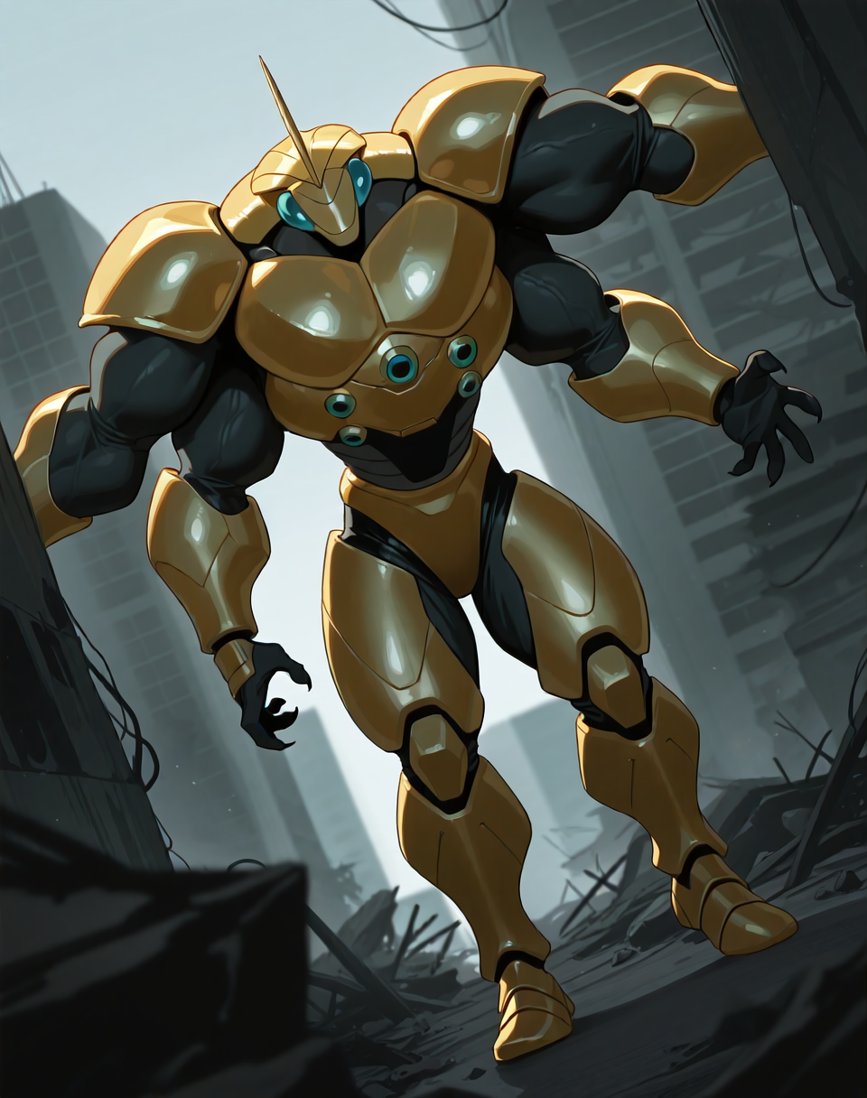 <lora:Ultimate_Katris_(Shinzo)_(Illustrious)_(AD):1.35> Ultimate Katris, muscular, mantis, Shinzo, 
((
exterior, bent leg, anime post apocalyptic city, destroyed buildings, destroyed skyscrapers, buildings laying at an angle or on the side, dutch angle, side view, 
dynamic action, insect anthro, male focus, strong warrior, manly, bounty hunter, villain, glossy gold armor, manly, masculine, 4arms, four armed, hyper muscular, perfect proportions, 
)), 
BREAK: very awe, aesthetically pleasing, masterpiece, best quality, amazing quality, very aesthetic, perfect depth of field shot, gradient coloring, subsurface reflections, source_furry, furry_art, vivid colors, source_anime, masterclass anime,
masterpiece, best quality, amazing quality, very aesthetic, high resolution, ultra-detailed, absurdres, newest, scenery, {Prompt}, BREAK, detailed background, volumetric lighting,
BREAK: lazympos, lazypos (3),