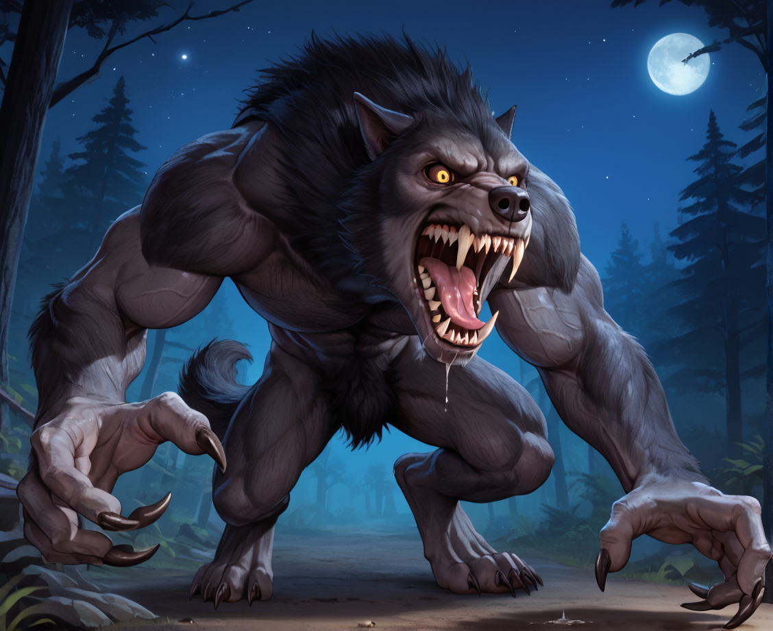 score_9, score_8_up, score_7_up, score_6_up, source_cartoon, BREAK, 
creepy forest, night time, stars, moon, spread arms, roar, spittle, open mouth, drool, saliva, saliva strand, full body,
w3rewolf, werewolf, monster, muscular, sharp teeth, yellow eyes, black scelra, claws, digitgrade, tail, mottled skin, pitch black fur
<lora:Werewolf for PonyXL:0.5>, <lora:KSF:0.5>,  <lora:Dark Fantasy:0.3>, <lora:Pony_DetailV2.0:4>