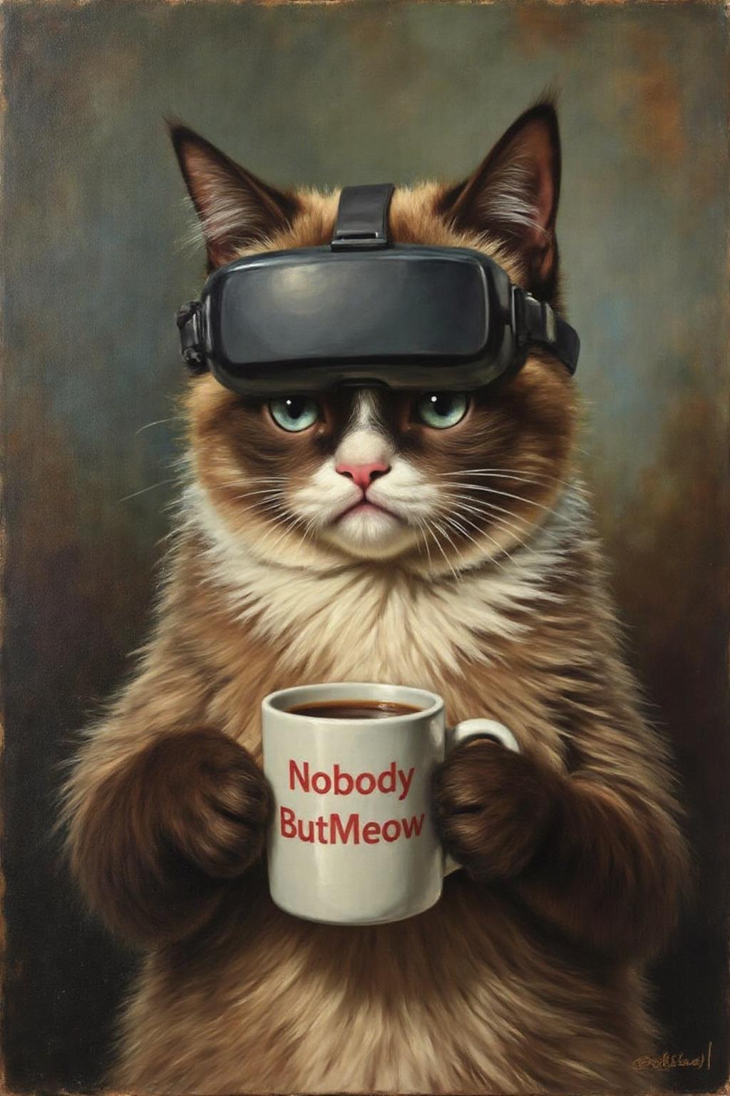 jore1 painting. 
 Grumpy Cat holding a coffee mug, wearing a VR Headset. The mug has the phrase "NobodyButMeow" printed
 <lora:jore1_cap_d6a3e12:1.0><lora:818388473594585426:0>
