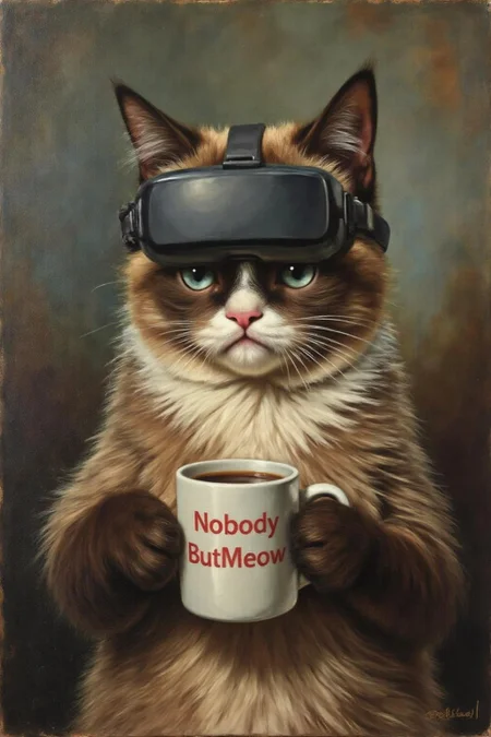jore1 painting.
Grumpy Cat holding a coffee mug, wearing a VR Headset. The mug has the phrase "NobodyButMeow" printed
<lora:jore1_cap_d6a3e12:1.0><lora:818388473594585426:0>