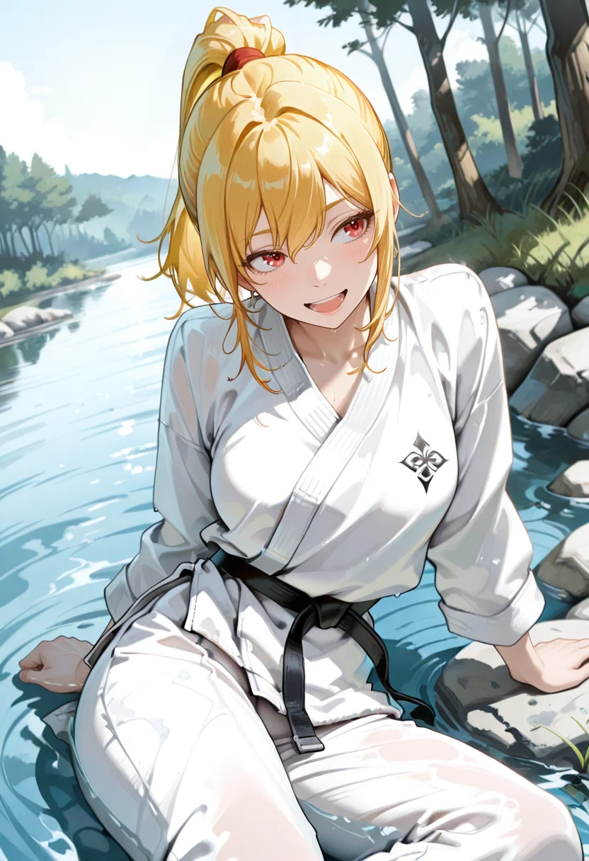 1girl, solo, anime coloring, anime artwork, masterpiece, best quality, newest, absurdres, highres, safe, CG, cinematic lighting, natural shadow, highest detail, detailed background, intricate scenery, depth of field, insane details, intricate, subsurface scattering, very aesthetic, serene atmosphere, artistic rendering, dramatic contrast, luminous elements, soft painterly texture, striking visual design, finely detailed face, beautiful face,
unholy-aesthetic, dutch angle, cinematic angle, from above,
sitting, arm support, looking up, sitting on water,
forest, on water, happy smile, happy face, slightly open mouth,
sky, morning sky,
<lora:kaelaIL:0.55> kaelaIL, medium hair,red eyes, (yellow hair:1.5), ponytail, mature female,
<lora:TER_ILL_V1:0.75>,
<lora:FighterIL:0.85> Jedmat, martial arts gi, black belt, wet cloth,
<lora:Expressive:1> expressive