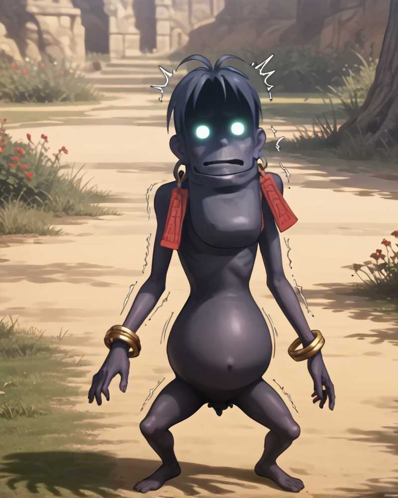 <lora:Preta_SMT_FORPONY:1>preta, bracelet, glowing eyes, standing, small penis, outdoors, shaking, shivering, motion lines, no humans