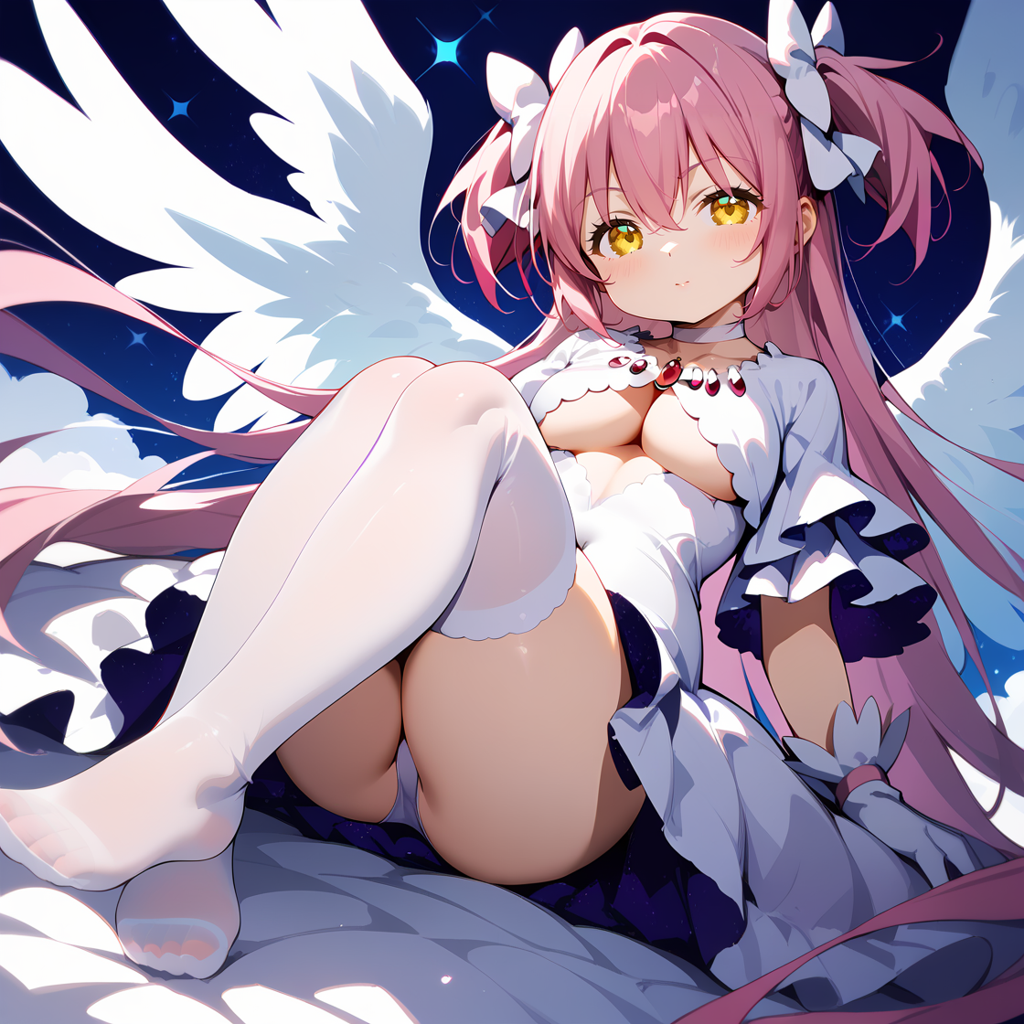 (score_9,score_8_up,score_7_up) BREAK uncensored BREAK 1girl,solo,(medium breasts:1.2),
disgust,scowl,closed mouth,
BREAK (full body:1.3),
BREAK (feet:1.1),(feet_focus:1.3),(povfeet:1.3),
BREAK
BREAK looking_at_viewer,eye-contact,
BREAK
BREAK
BREAK
BREAK <lora:madoka-god>,madoka_god,(ultimate madoka,kaname madoka,long hair,pink hair,very long hair,bangs,hair between eyes,two side up,white bow,yellow eyes),(choker,white choker,gloves,white gloves,underboob,underwear,clothing cutout,cleavage cutout,covered navel,wide sleeves,frills,dress,white dress,frilled dress),(thighhighs,white thighhighs),(starry sky print:1.1),(hugging own legs:1.2),(in univers:1.3),(arm up:1.2),